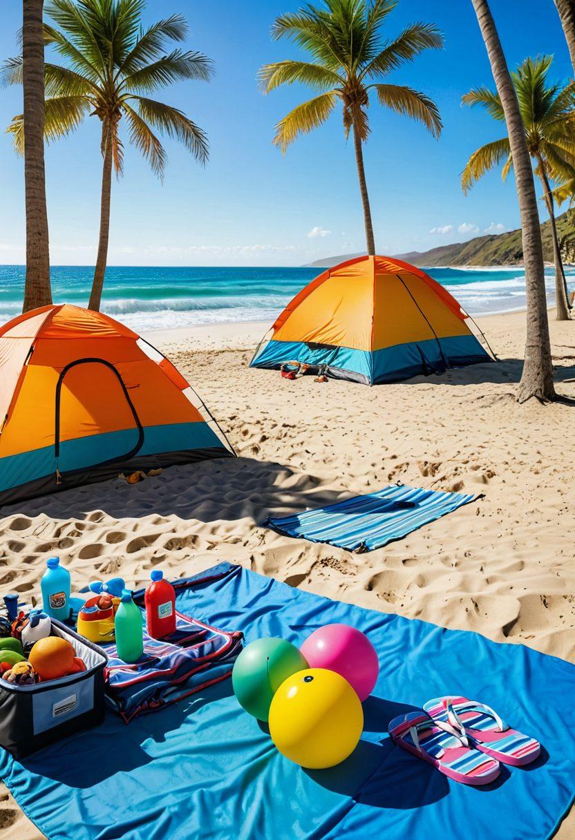 A vibrant beach scene with a colorful tent set up in the foreground, surrounded by beach gear like surfboards and coolers. Soft waves in the background with palm trees swaying gently under a sunny blue sky, while a picnic spread lays invitingly on the sand. Playful elements like beach balls and flip-flops enhance the summer vibe. perfect for adventure lovers. super-realistic. vibrant colors. white background.