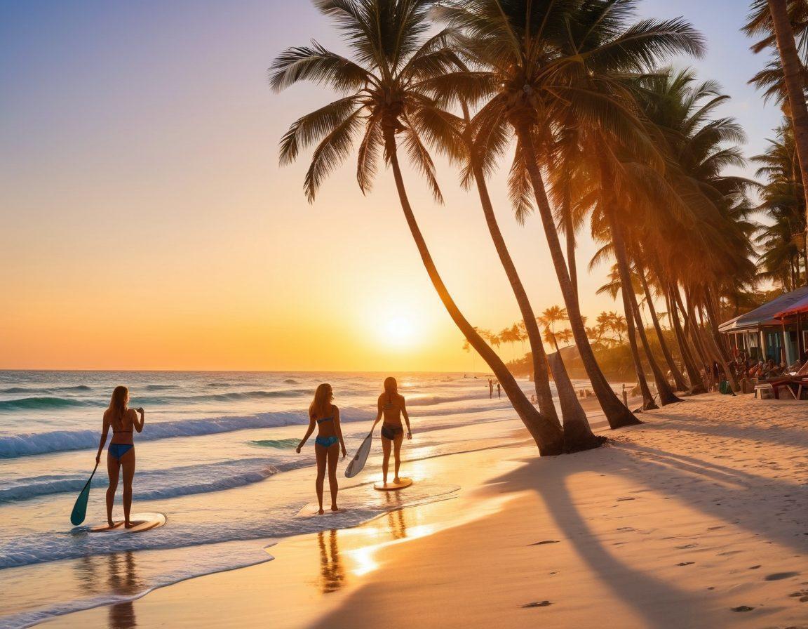 A sun-soaked beach scene featuring a group of friends enjoying various outdoor activities like beach volleyball, paddleboarding, and sunbathing beside stylish cabanas. Add surfboards and colorful beach umbrellas for a luxurious touch, and show a sunset sky for a magical ambiance. Incorporate elements of nature like palm trees and waves, while highlighting the beachwear fashion. dreamy illustration. vibrant colors. tropical theme.