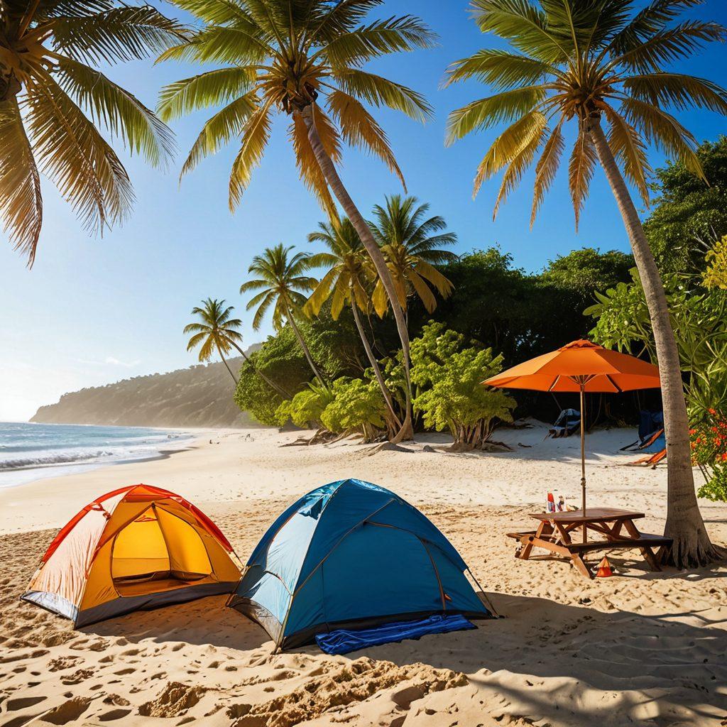 A serene beach scene featuring vibrant golden sand under a bright sun, with a cozy tent set up near the shoreline. Include colorful beach gear like umbrellas and towels scattered around, alongside a small campfire with gentle waves lapping in the background. Add palm trees swaying in the breeze to enhance the tropical feel while ensuring safety items like a first-aid kit are subtly integrated. bright and cheerful. vibrant colors. super-realistic.